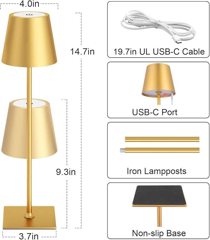 Kakanuo Gold Cordless Rechargeable Table Lamp 5000mAh Battery Operated Lamps - Image 5