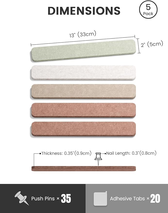 Fluxynara Cork Board Alternative Felt Strip Board 5-Pack 13"x2", Office Pin - Image 2