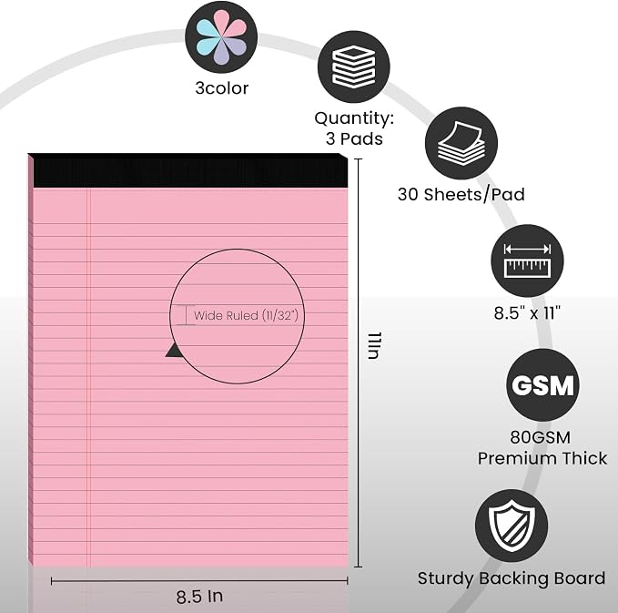 3pcs Legal Pads 8.5 x 11, Notepads 8.5 x 11 Inch, 30 Sheets/Pack, Colored Note - Image 2