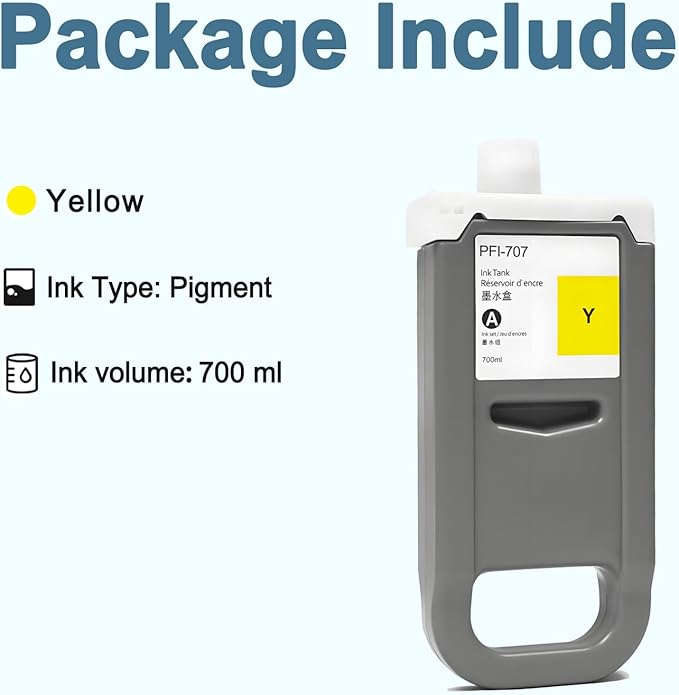 PFI-707 Ink Cartridge PFI707 Ink Tank Compatible with Canon imagePROGRAF PF830, iPF840, iPF850 CAD Plotters 700 ML (1-Pack, Yellow)-DeskLoop Office