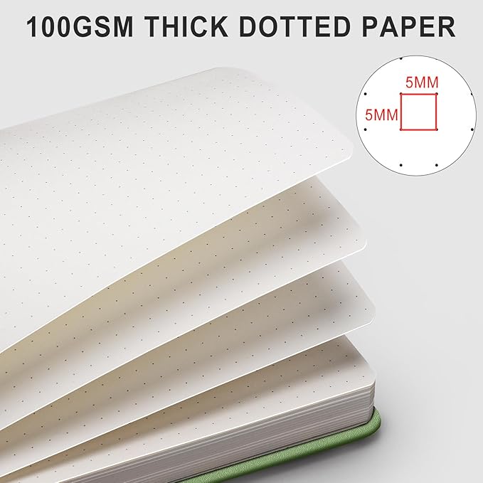 AHGXG Bullet Dotted Journal - 320 Numbered Pages Dot Grid Notebook A5 Thick Journal, 100gsm Thick Dotted Paper, Leather Hardcover,Inner Pocket, 5.75'' × 8.38''-LightGreen-DeskLoop Office