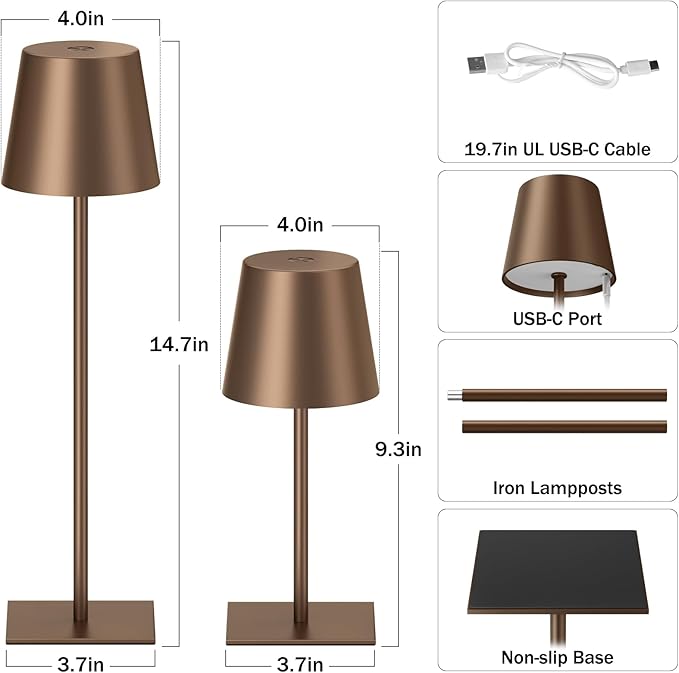 Kakanuo Brown Cordless Rechargeable Table Lamp, 2 Pack Portable Desk Lamp - Image 4