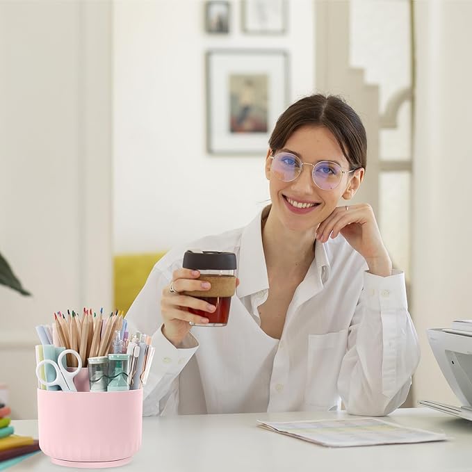 SKYDUE Makeup Organizer, Rotating Pencil Pen Holder for Desk, Dual-Purpose Desk Organizer for Cosmetics & Pens, Makeup Brush Holder with 5 Slots, Pencil Cup for Office, Home-DeskLoop Office