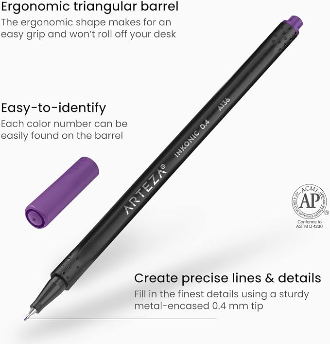 ARTEZA Inkonic Fineliners Pens, 0.4 mm Fine Tip Markers, Water-Based Art Pens - Image 3