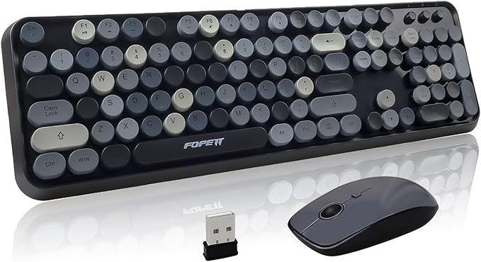 FOPETT Wireless Keyboard and Mouse Combo - 2.4G Full-Sized Cute Colorful Retro Keyboard with Round Keycaps 104 Keys Typewriter Keyboard for Laptop/Windows/PC - Grey Colorful-DeskLoop Office