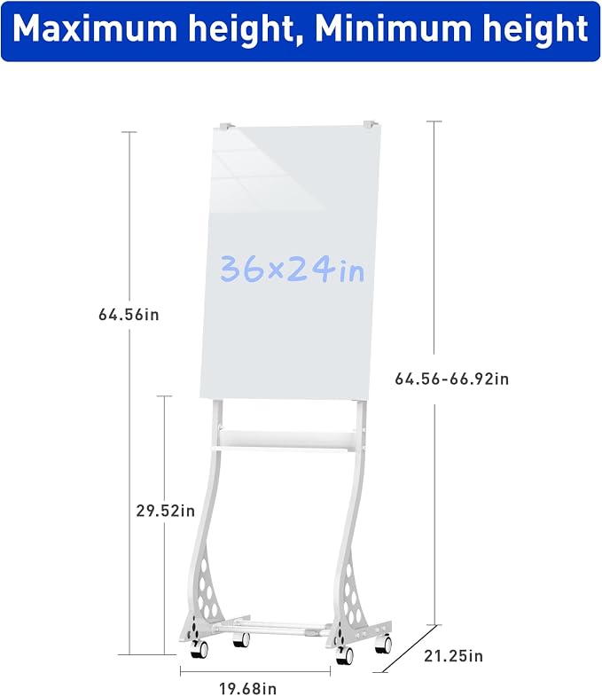 Mobile Glass Whiteboard, 24 x 36 inch Glass Board/w Height Adjustable, Large - Image 3