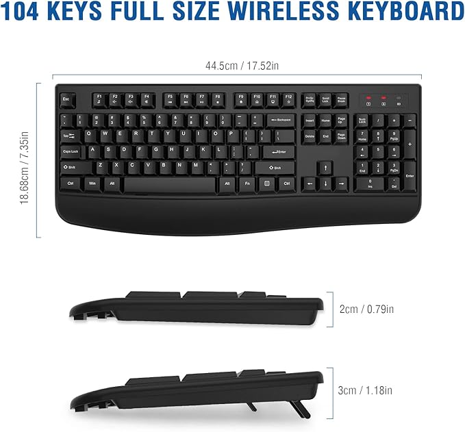 EDJO Wireless Keyboard, 2.4G Ergonomic Full Size Wireless Computer Keyboard with Wrist Rest for Windows, Mac OS Desktop/Laptop/PC（Black）-DeskLoop Office