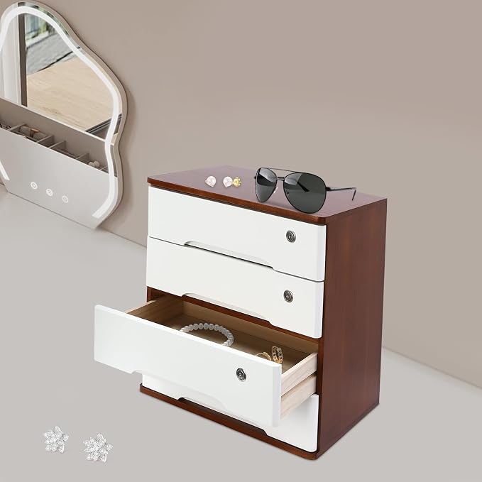 Lockable Desk Organizer Wooden Desktop Drawers Office Flat Files Storage Box - Image 2