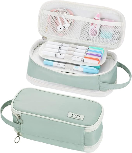 Dugio Big Pencil Case for Girls Teens Kids Zipper Pencil Pouch with Handle Organizer Pencil Bag Aesthetic Pencil Box for School Green-DeskLoop Office