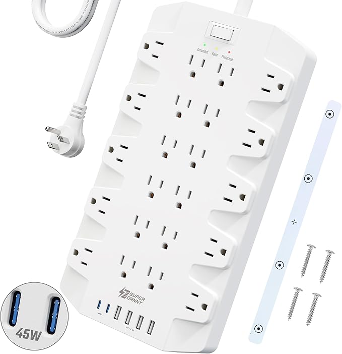 45W Power Strip Surge Protector with PD USB-C, SUPERDANNY 1875W/15A, 2100J, 6.5ft Flat Plug Mountable Extension Cord with 22 Outlet+6 USB Port, Fast Charging for Home,Office,Dorm,Gaming,PC,Streaming-DeskLoop Office