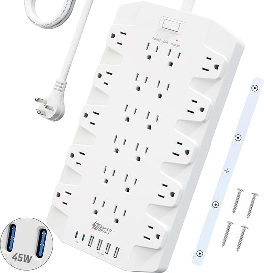 45W Power Strip Surge Protector with PD USB-C, SUPERDANNY 1875W/15A, 2100J, 6.5ft Flat Plug Mountable Extension Cord with 22 Outlet+6 USB Port, Fast Charging for Home,Office,Dorm,Gaming,PC,Streaming-DeskLoop Office