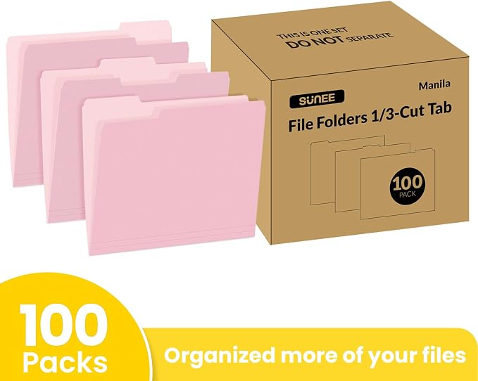 SUNEE File Folders Letter Size Pink, 100 Pack Manilla Folders 8.5 x 11 1/3-Cut - Image 2