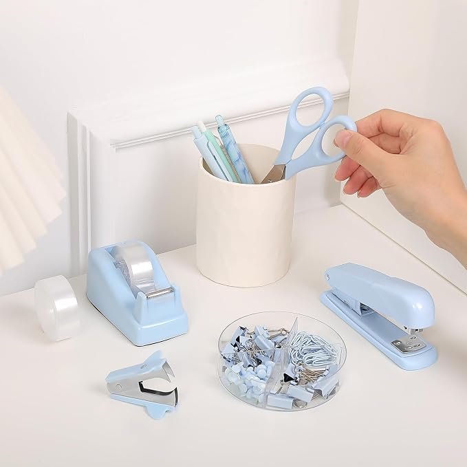 SKYDUE Blue Office Desk Accessories, Tape Dispenser, Clips and 1000pcs Staples - Image 5