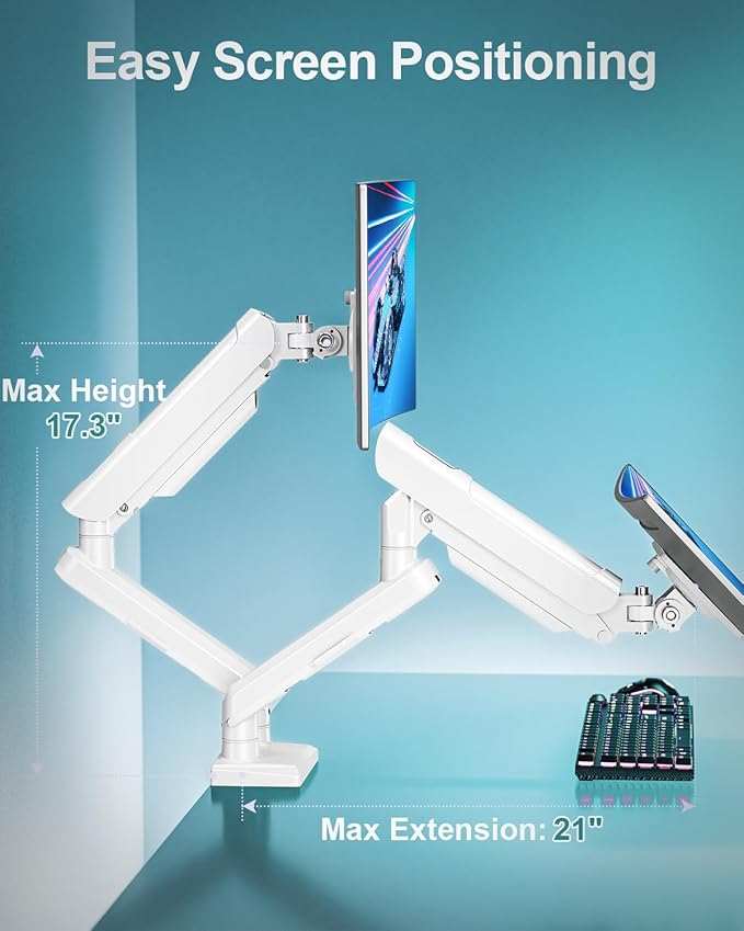 Dual Monitor Mount for 2 Monitors up to 32 inches, Height Adjustable Gas Spring Double Monitor Stand, Two Display Desk Mount Holder, Each Monitor Arm Holds Max 22lbs, VESA Mount, White, Freelift Pro-DeskLoop Office