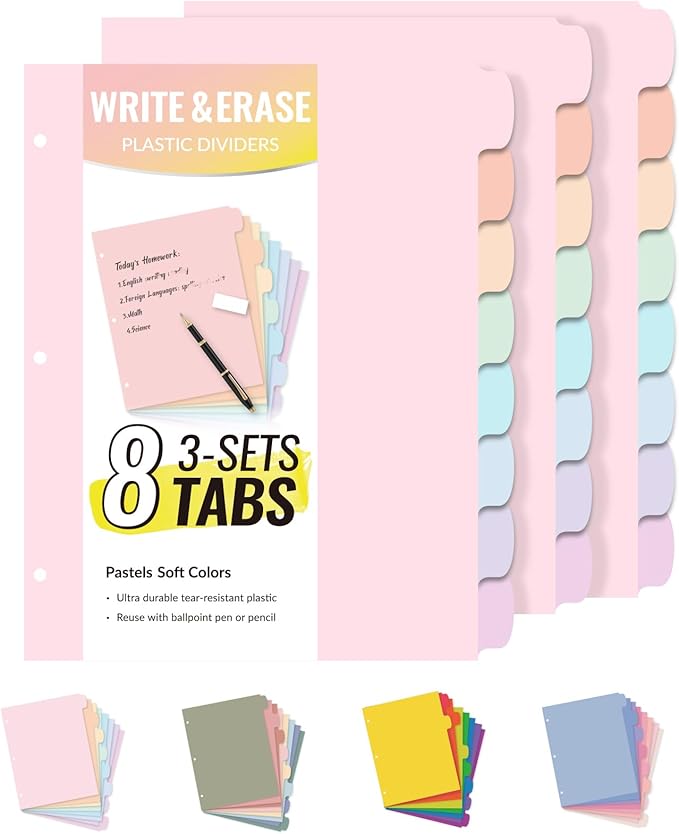 Sooez 8 Tabs Long-Lasting Plastic Write & Erase Large Tabs Dividers by Sooez