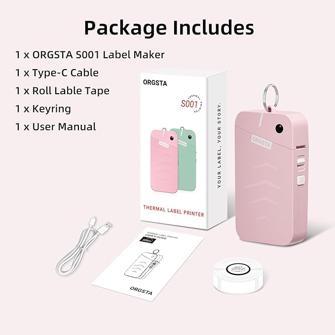 ORGSTA S001 Label Maker Machine with Tape, Portable Bluetooth Label Maker for Home and Office Organization, Thermal Label Printer Mini Sticker Maker with Multiple Templates, Pink-DeskLoop Office