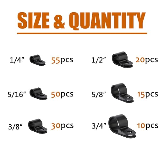 ISPINNER 180pcs Nylon Plastic R-Type Cable Clamps, 1/4" 5/16" 3/8" 1/2" 5/8" - Image 2