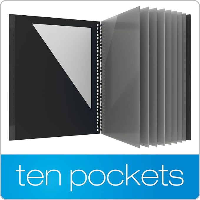 Oxford 10 Pocket Folder, Sturdy Plastic Spiral Portfolio, Anti-Tear Edges, 8 Pockets, 2 Diagonal Interior Pockets, Letter Size, Black (89332)-DeskLoop Office