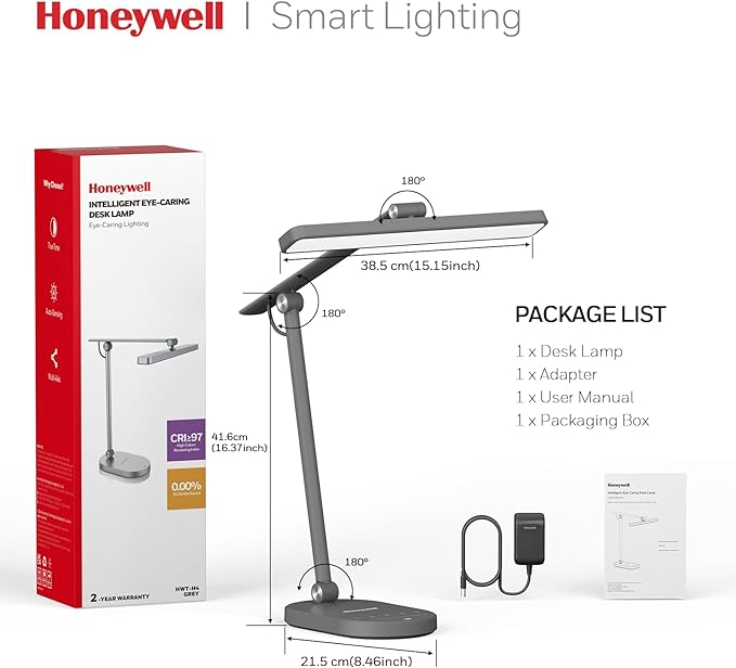 Honeywell Desk Lamp for Home Office, H4 Sunturalux™ Eye-Caring LED Desk Light, 700LM Dimmable Desk Lamp with Timer, Adjustable Desk Reading Light, Touch Auto Dimming Table Lamp for Study, Bedroom-DeskLoop Office