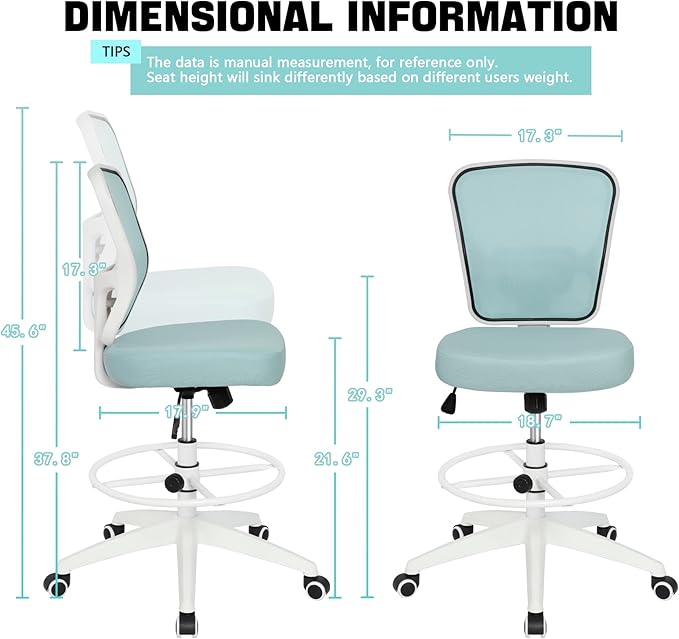 Drafting Chair Adjustable Height Tall Office Chairs Standing Desk Chair Rolling Stool Chair Armless Office Drafting Chair Blue-DeskLoop Office
