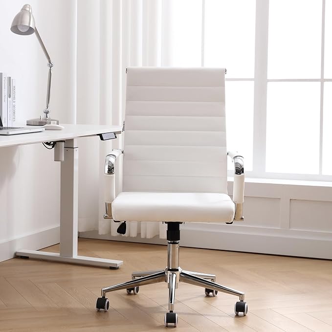 Home Office Chair Ribbed, Modern Leather Conference Room Chairs, Ergonomic Office Desk Chair, High Back Executive Computer Chair, Adjustable Swivel Chair with Arms (White)-DeskLoop Office