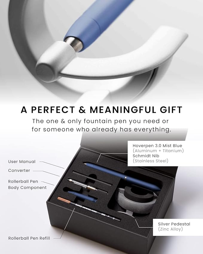 novium Hoverpen Future Edition - Luxury Fountain Pen & Rollerball Pen All-In Gift Box, Fine Nib, Futuristic Aesthetic, Aerospace Metal Made, Free Spinning Executive Pen, Mens Gifts Ideas (Mist Blue)-DeskLoop Office