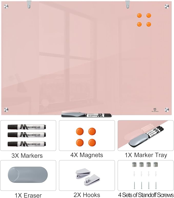 TSJ OFFICE Glass Dry-Erase Board - 36 x 24 Inches Wall Mounted Magnetic Whiteboard, Large Frameless Glass White Board for Office, Home & School, Pink-DeskLoop Office