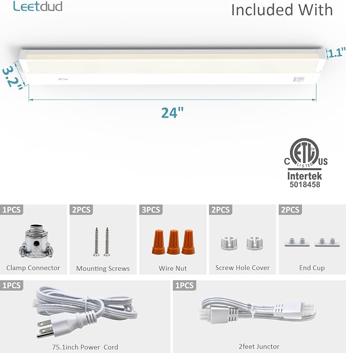 Leetdud LED Under Cabinet Lighting Hardwired or Plug in, 24 Inch 12W, Dimmable - Image 9