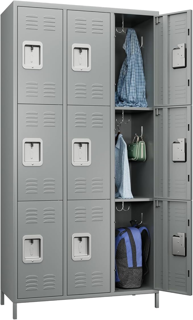 Metal Storage Locker with 9 Doors and 27 Hooks,Metal Lockers for Employees with Lock for School Garage Office Gym,Assembly Required,Light Grey-DeskLoop Office