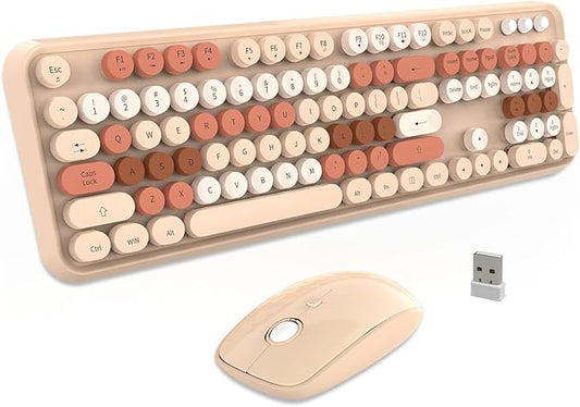 FD Wireless Keyboard and Mouse Combo | Cute Colorful Keyboard and Mouse with 2.4GHz Cordless Retro Typewriter Keyboard | Auto-Sleep | USB Receiver for Windows PC/Laptop - Creamy Colorful-DeskLoop Office