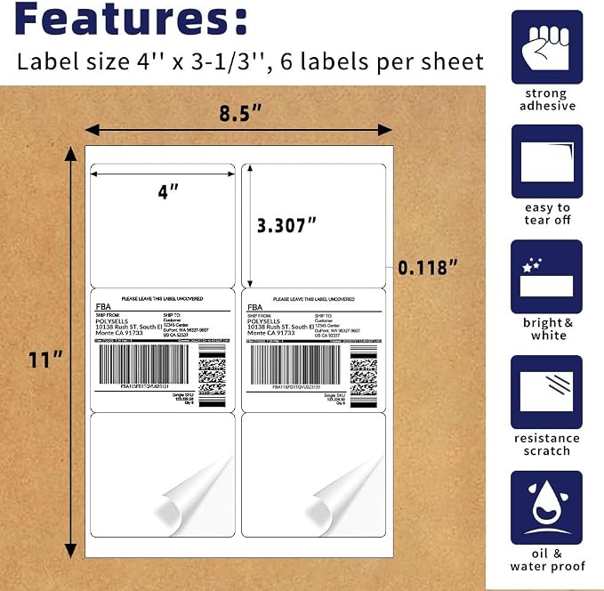 POLYSELLS Self Adhesive 3-1/3'' x 4'' Address Shipping Labels, 6UP White - Image 2