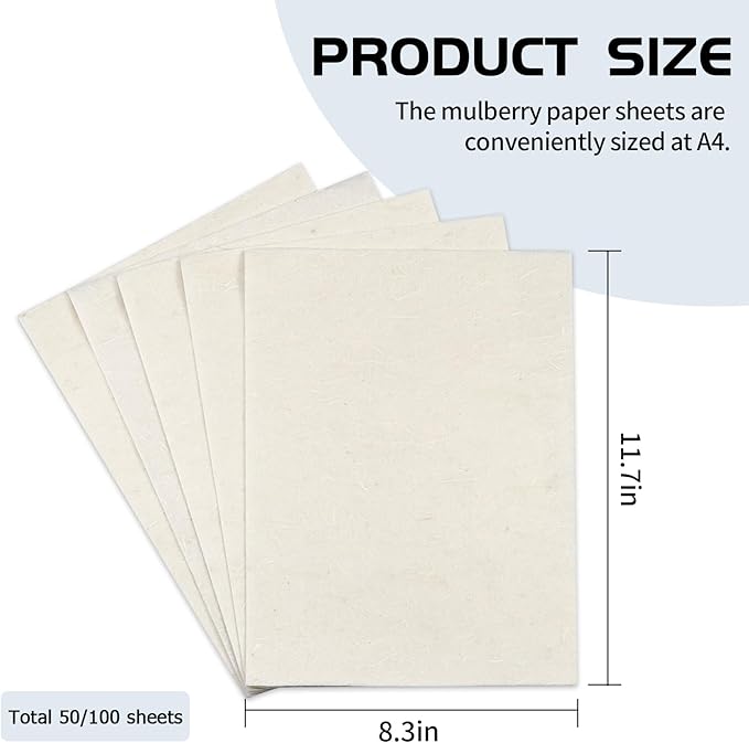 100 Sheets FIVEIZERO A4 Mulberry Paper Sheets Natural Fiber Rice Paper,8.3 x 11.7in Natural Decoupage Tissue Papers for Writing Painting, Decorative Papers, Card MakingPapers DIY Craft-DeskLoop Office