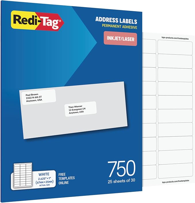 Redi-Tag Printable Address Labels, Customizable Stickers, 750 Blank Mailing by Redi-Tag