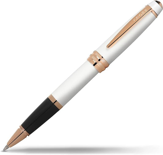Cross Bailey Refillable Rollerball Pen Presented in a Premium Gift Box - Medium Point, Black Ink, White & Rose Gold-DeskLoop Office