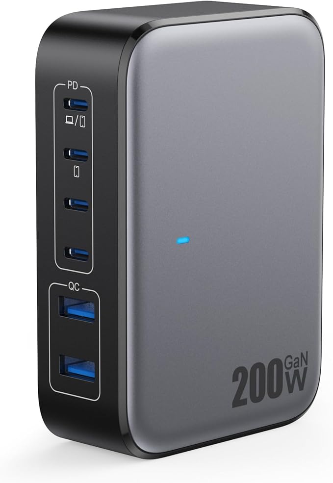 USB C Charger 200W USB Charging Block,6 Ports GaN IV Foldable Wall Charger Outlet Plug,QC4.0 Fast Charging Station Hub,PD 65W Laptop Adapter for MacBook Pro/Air,Dell,iPhone 16/15,Galaxy,Steam Deck-DeskLoop Office