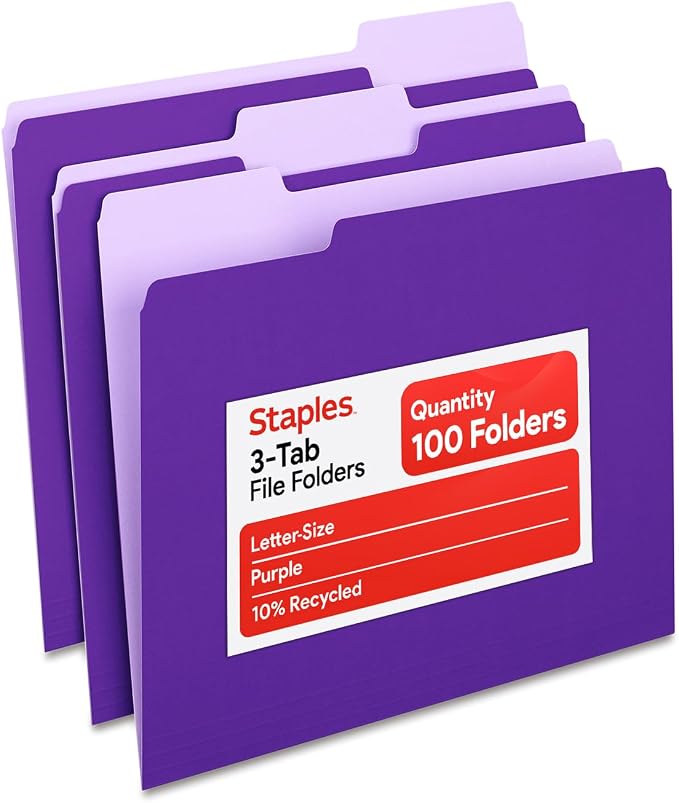 Staples File Folders, Letter Size, 1/3‑Cut Tabs, Durable 10.5‑Point Paper Stock by Staples