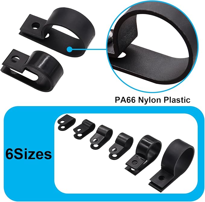 TWTADE 306PCS Black Cable Clamps Nylon Plastic R-Type 6 Sizes 3/16'' 1/4'' - Image 3