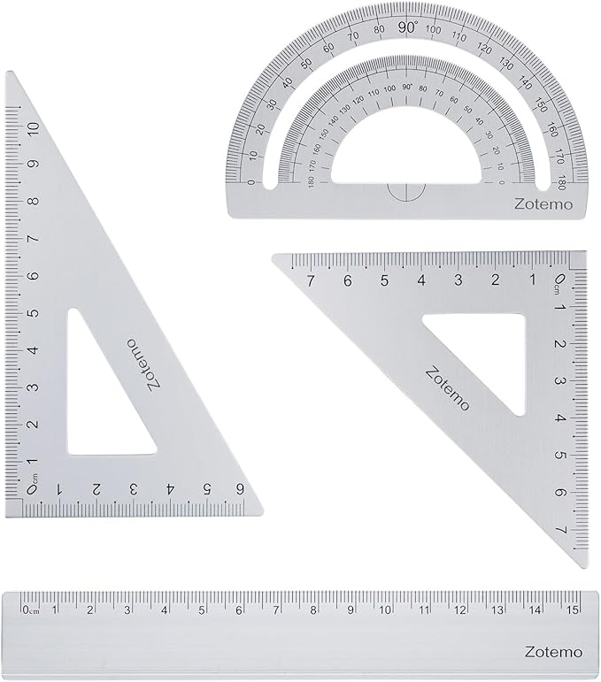 Geometry Ruler Set for Students, Metric Measurement 4-Piece Metal Math Drafting Kit with Non-Slip Design 15 cm Straightedge Ruler, 180° Protractor & 2 Triangles for School Kids (Silver)-DeskLoop Office