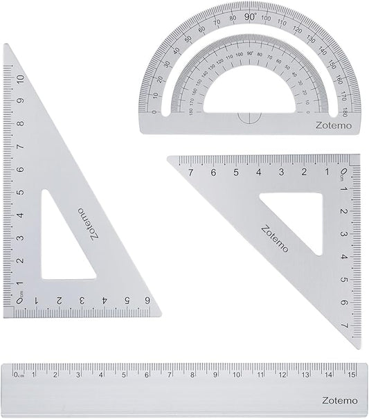 Geometry Ruler Set for Students, Metric Measurement 4-Piece Metal Math Drafting Kit with Non-Slip Design 15 cm Straightedge Ruler, 180° Protractor & 2 Triangles for School Kids (Silver)-DeskLoop Office