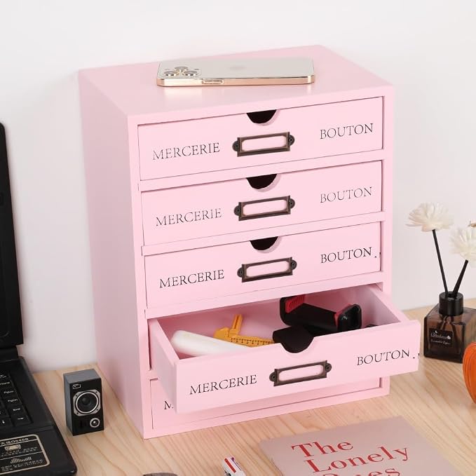 Wooden Storage Box with 5 Drawers Apothecary Vintage Wood Desktop Organizer - Image 5