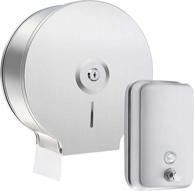 2 Pcs Commercial Soap Dispenser and Paper Towel Dispenser Set with Lock-Stainless Steel,Wall Mount,Large Capacity Manual Liquid Pump Rust Proof Leak Free for Home Bathroom (500 ml,Style 3)-DeskLoop Office