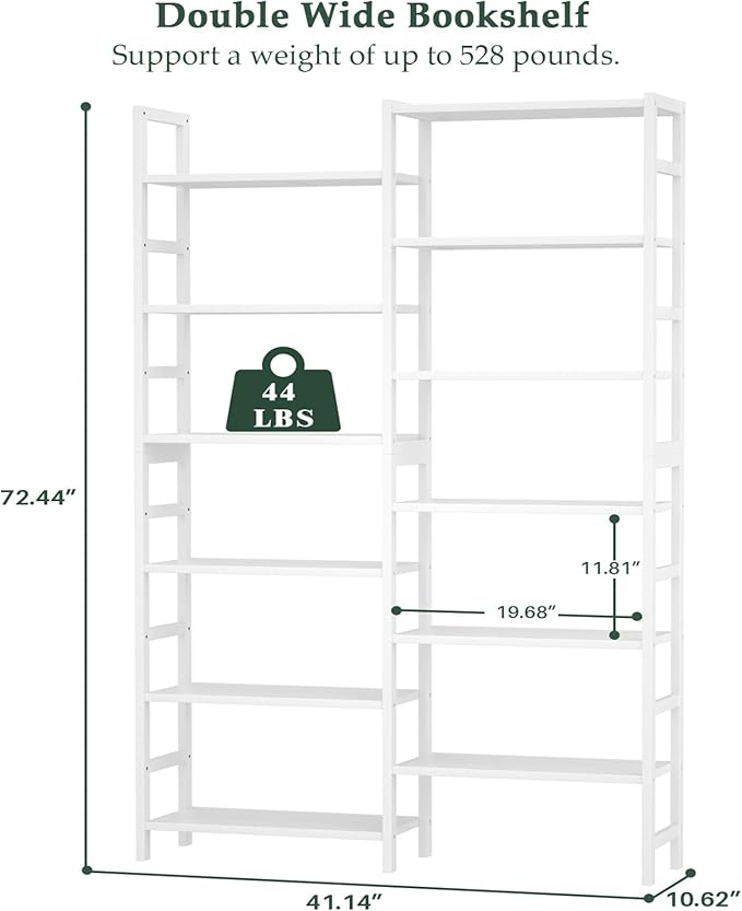 Homykic Double Wide Bamboo Bookshelf White, 6-Tier Large Open Bookcase with 12 Display Shelves, 6ft Tall Freestanding Book Shelf for Home Office, Bedroom, Living Room, Plants-DeskLoop Office
