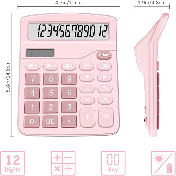 Calculators, Splaks 2 Pack Standard Functional Desktop Calculators Sola and AA Battery Dual Power Electronic Basic Calculator with 12-Digit Large Display for Office, Home, School (1 Blue & 1 Pink)-DeskLoop Office