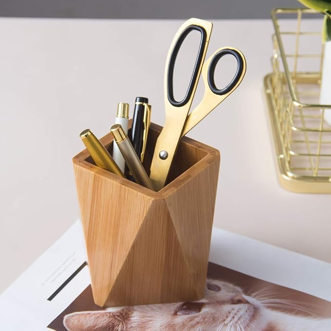 Bamboo Wood Pen Holder Stand for Desk Geometric Pencil Cup Pot Cute Desktop - Image 5
