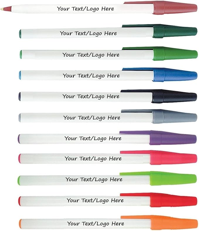 Personalized Stick Pens With your Custom Logo or Text-500 Pack Bulk-for Businesses, Parties, and Events, Custom Printed Slim Ballpoint Pens with Cap, Assorted Colors, Black Ink-DeskLoop Office