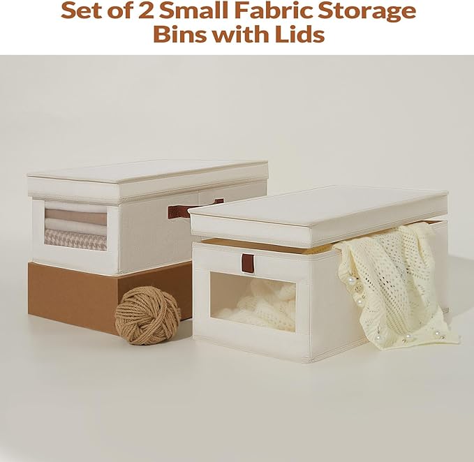 Fabric Storage Bins with Lids, Collapsible Closet Organizer with Sturdy Handles, Clear View Window, Stackable Storage Baskets for Clothes, Towels, Books, Hand Pull Closet Organizer Boxes-2-Pack, Beige-DeskLoop Office