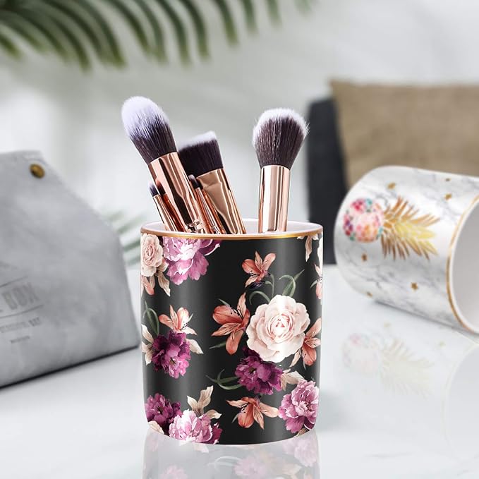 Pen Holder for Desk, Pencil Cup Holder, Cute Floral Makeup Brush Holder Durable - Image 2
