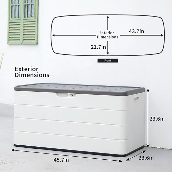 100 Gallon Plus Resin Deck Box, Waterproof Outdoor Storage Bin for Patio Furniture, Pool Accessories, and Garden Tools, Lockable & UV-Resistant, White-DeskLoop Office