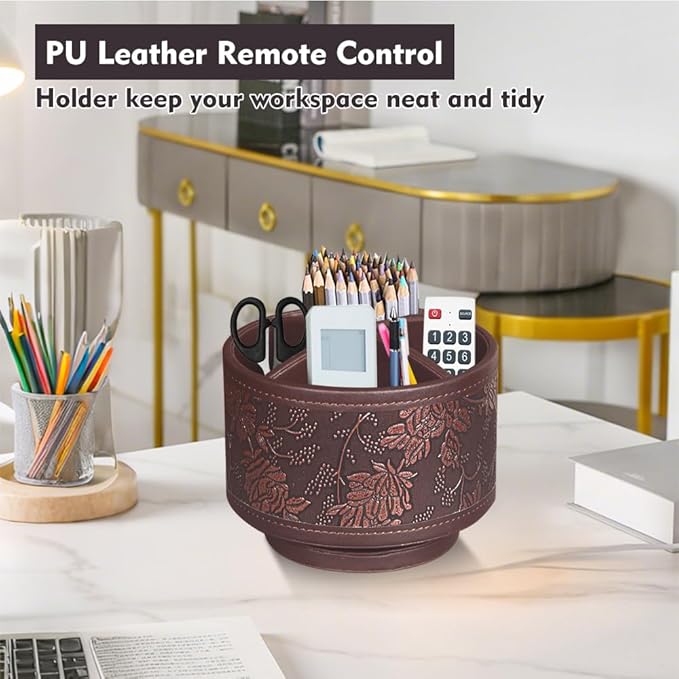 360° Rotating Pen Holder for Desk, Leather Pencil Pen Organizer Remote Control Holder Table Desktop Nightstand Organizer Caddy Storage, Office Desk Organizers And Accessories 5.5x5.5x4.0 Inch-DeskLoop Office