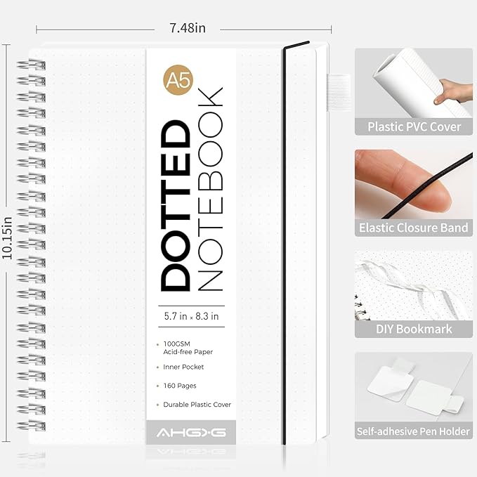 AHGXG Bullet Dotted Journal - Dot Grid Spiral Notebook A5, 160 Pages, 100 GSM Thick Paper, Waterproof Plastic Cover Journals for Bullet Journaling, Sketching, 5.7" x 8.3", Transparent-DeskLoop Office